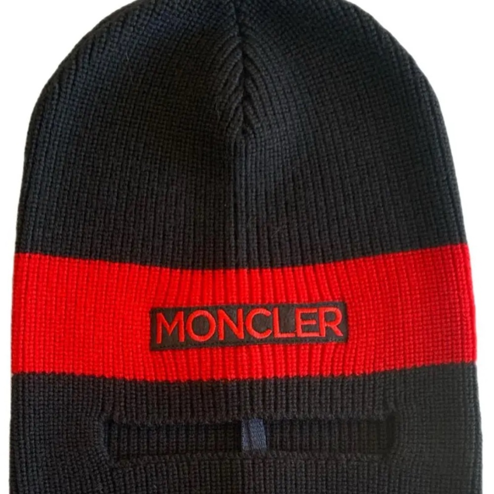 Moncler Black and Red Knit Hat with Ribbed Texture